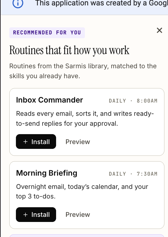 PAERA proposes Inbox Commander and Morning Briefing routines for the user to review